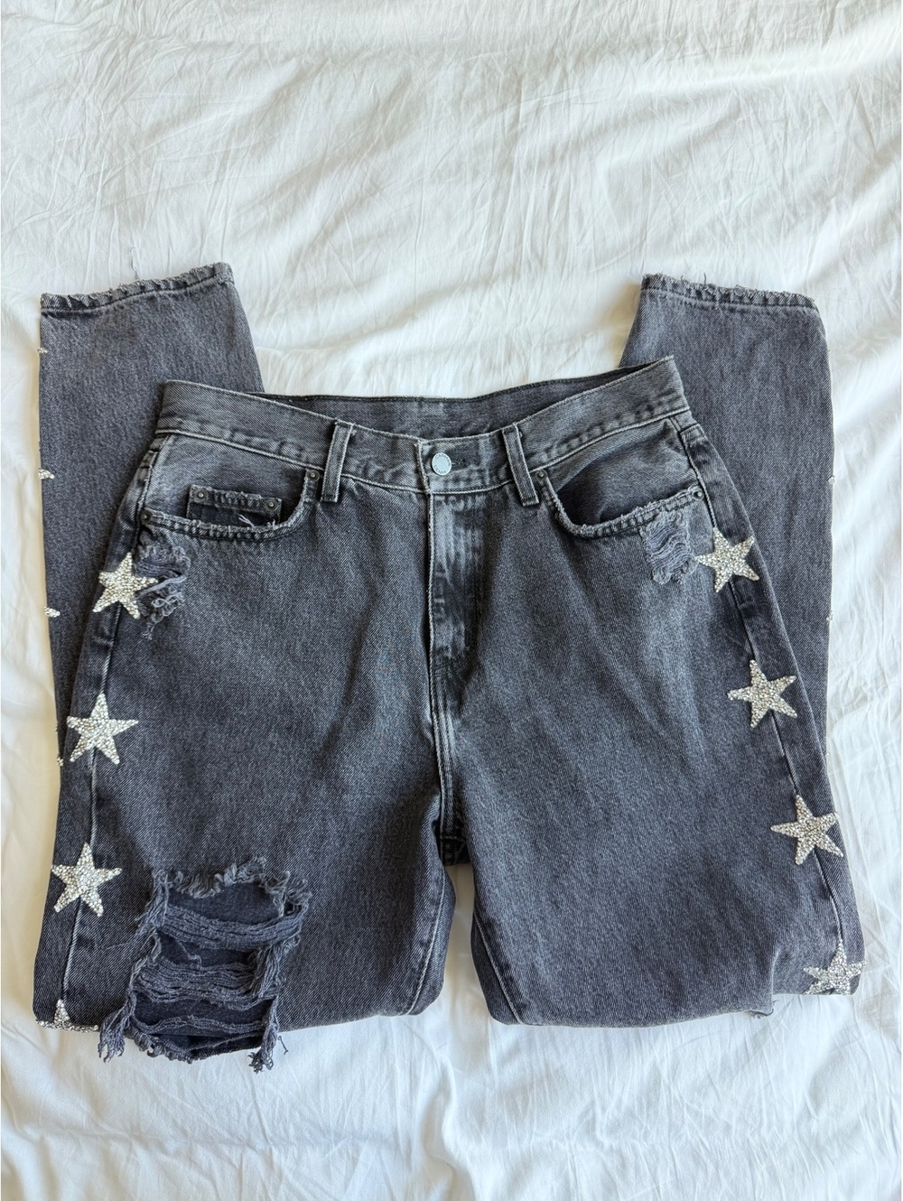 Carmar Los Angeles Rhinestone Star Distressed Jeans Gray Acid Wash Size 30